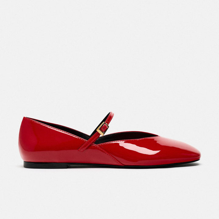Damen nan elegante Lack-Mary-Jane-Ballerinas mit feiner Metallschnalle und spitzer Vorderkappe Drune