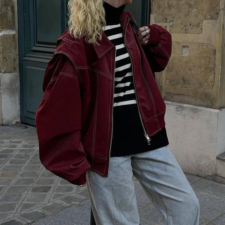 Drune | Damen Faux Leder Jacke Elastische Ärmel