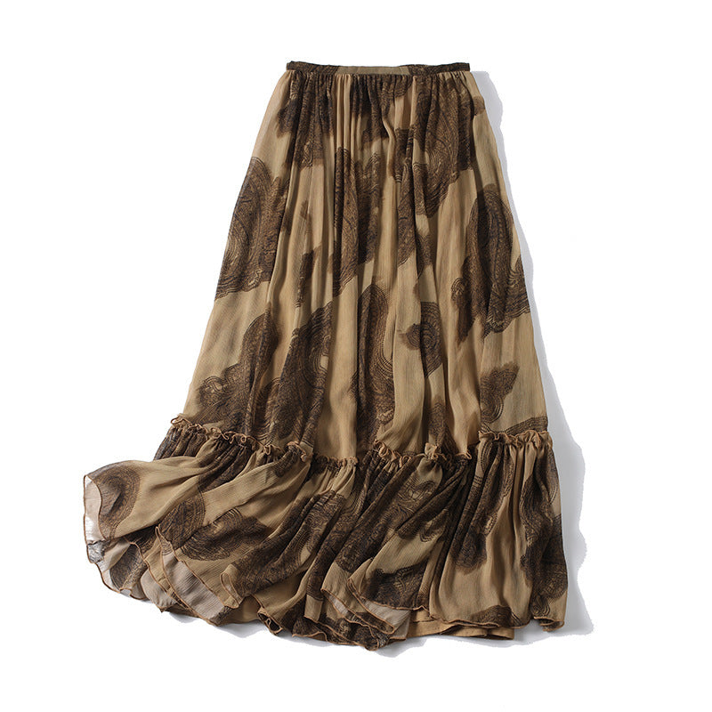 Damen Maxirock aus Chiffon mit Plissée, Elastischem Bund und Volantsaum Drune