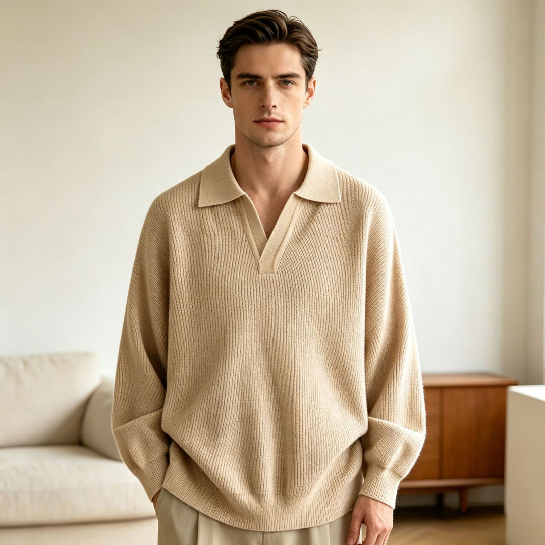 Unisex Oversized Feinstrick-Polo-Pullover mit offenem V‑Ausschnitt und lässiger Silhouette Drune