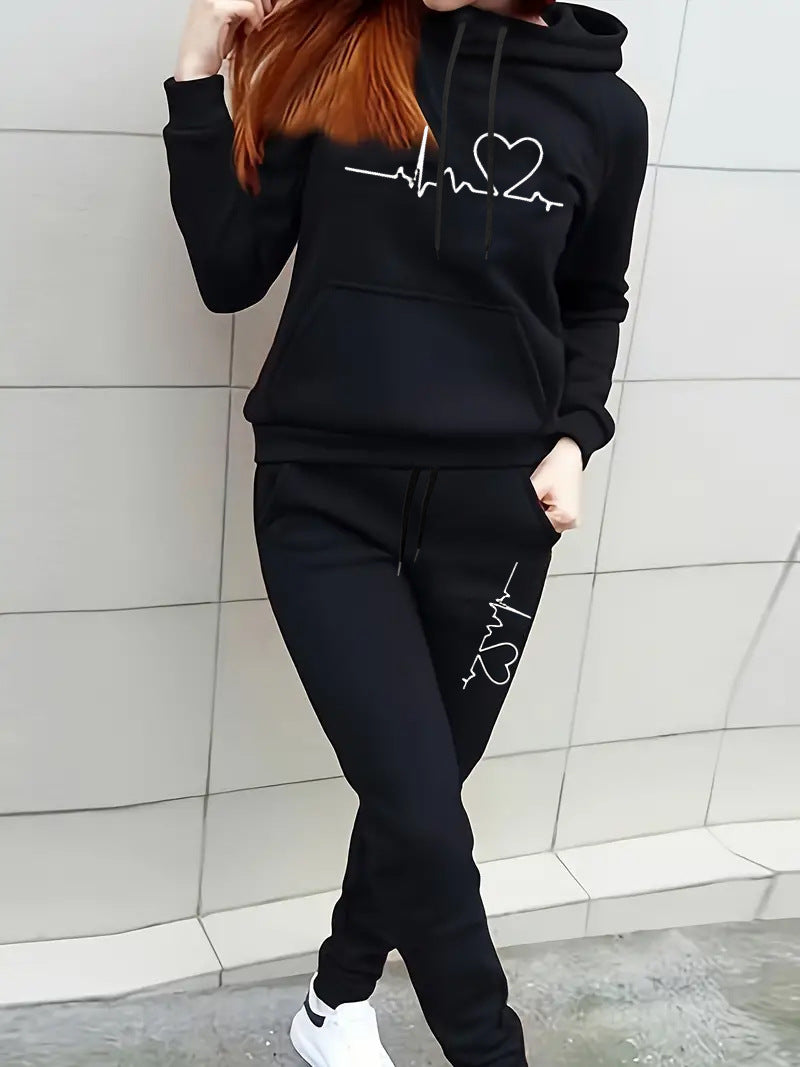 Damen Hoodie und Jogginghose Set mit modernem Herzmotiv Drune