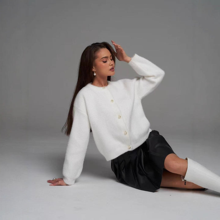 Damen Elegante Flauschige Strickjacke mit Perlenknöpfen Drune