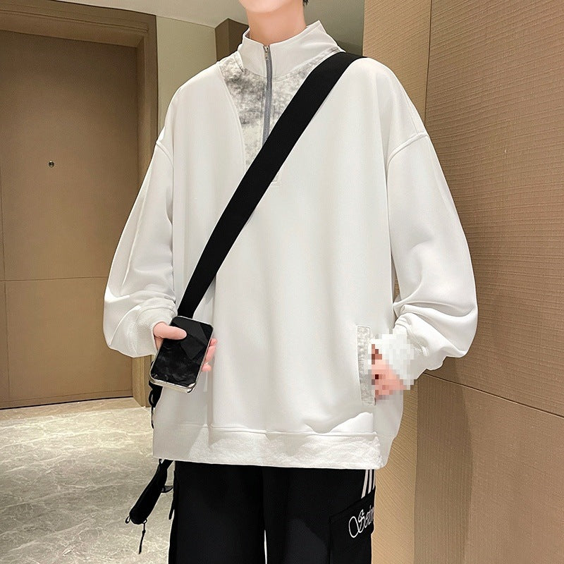 Herren Oversize Stehkragen-Halbzip-Sweatshirt mit Kängurutasche & Kontrast-Innenblende Drune