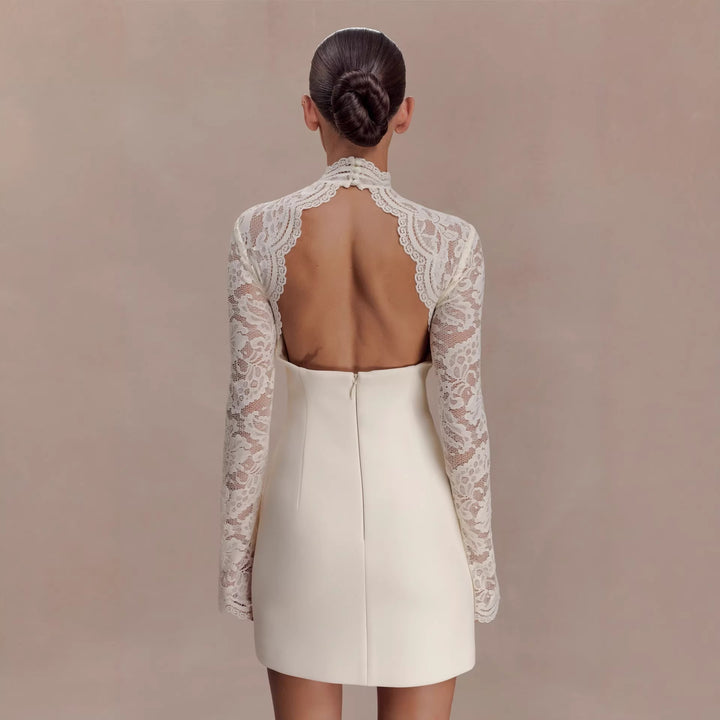 Damen Elegantes Minikleid mit Spitzenoberteil und hochgeschlossenem Kragen Drune