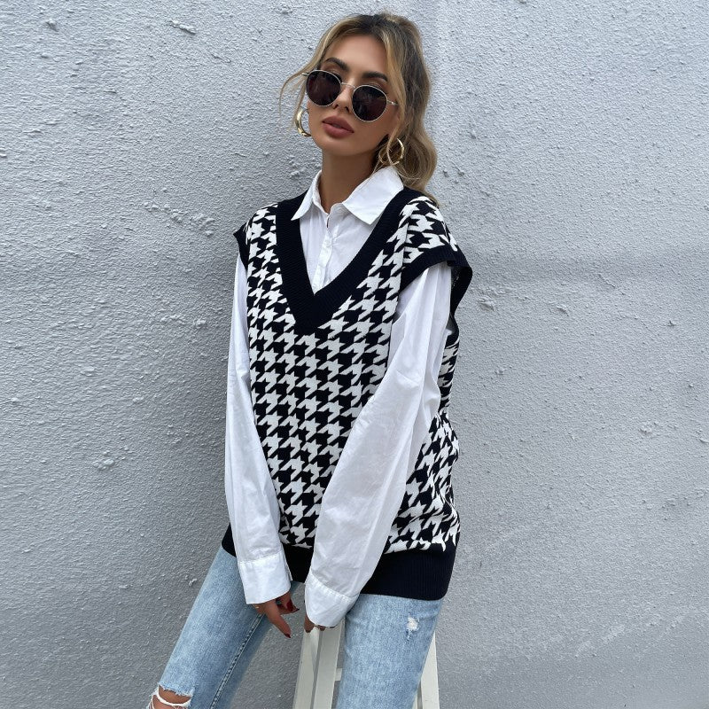 Damen Oversize Strickweste mit Hahnentrittmuster und V-Ausschnitt Drune