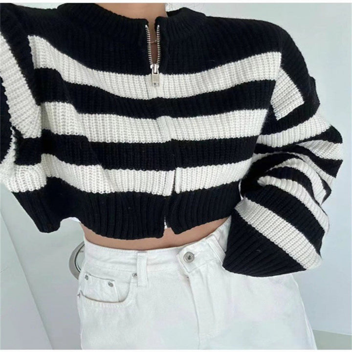 Damen modische Strickjacke mit hohem Kragen und breiten Streifen Drune