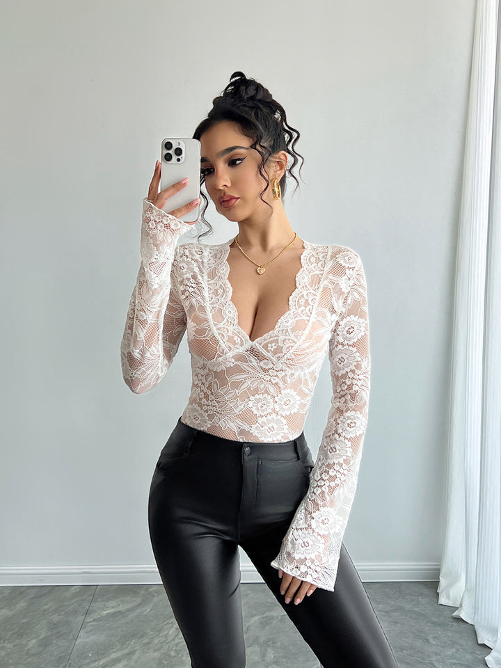 Damen nan tailliertes Spitzenshirt mit tiefem V-Ausschnitt, floraler Netzspitze und langen Ärmeln Drune