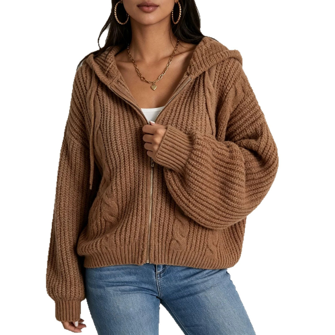 Damen Kapuzen-Cardigan im Grobstrick mit Zopfmuster und Reißverschluss Drune