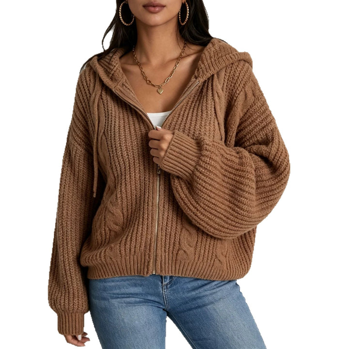 Damen Kapuzen-Cardigan im Grobstrick mit Zopfmuster und Reißverschluss Drune