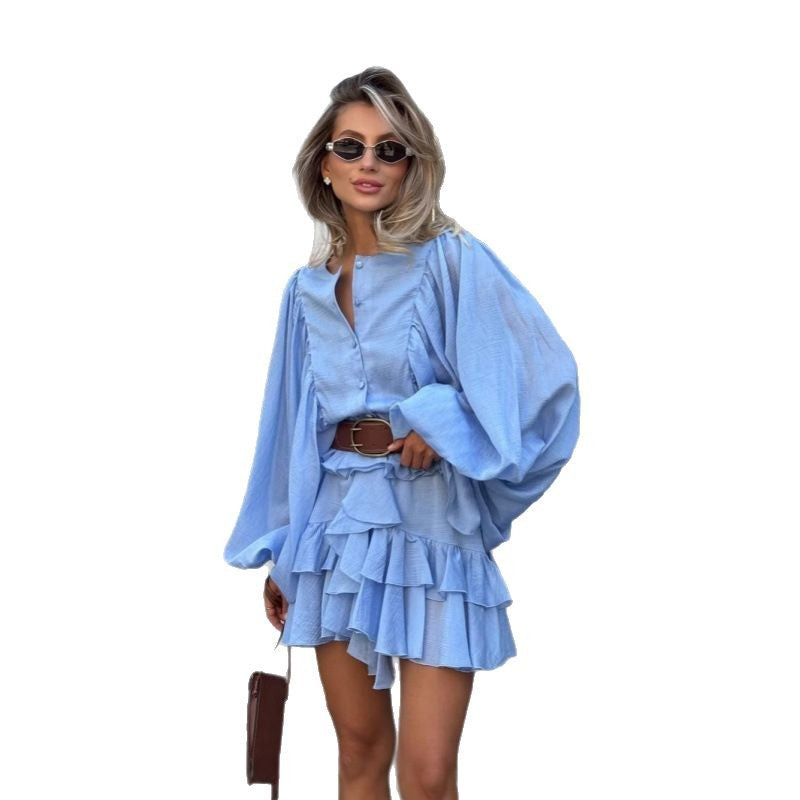 Damen Rüschenkleid mit weiten Ärmeln und modischen Details Drune