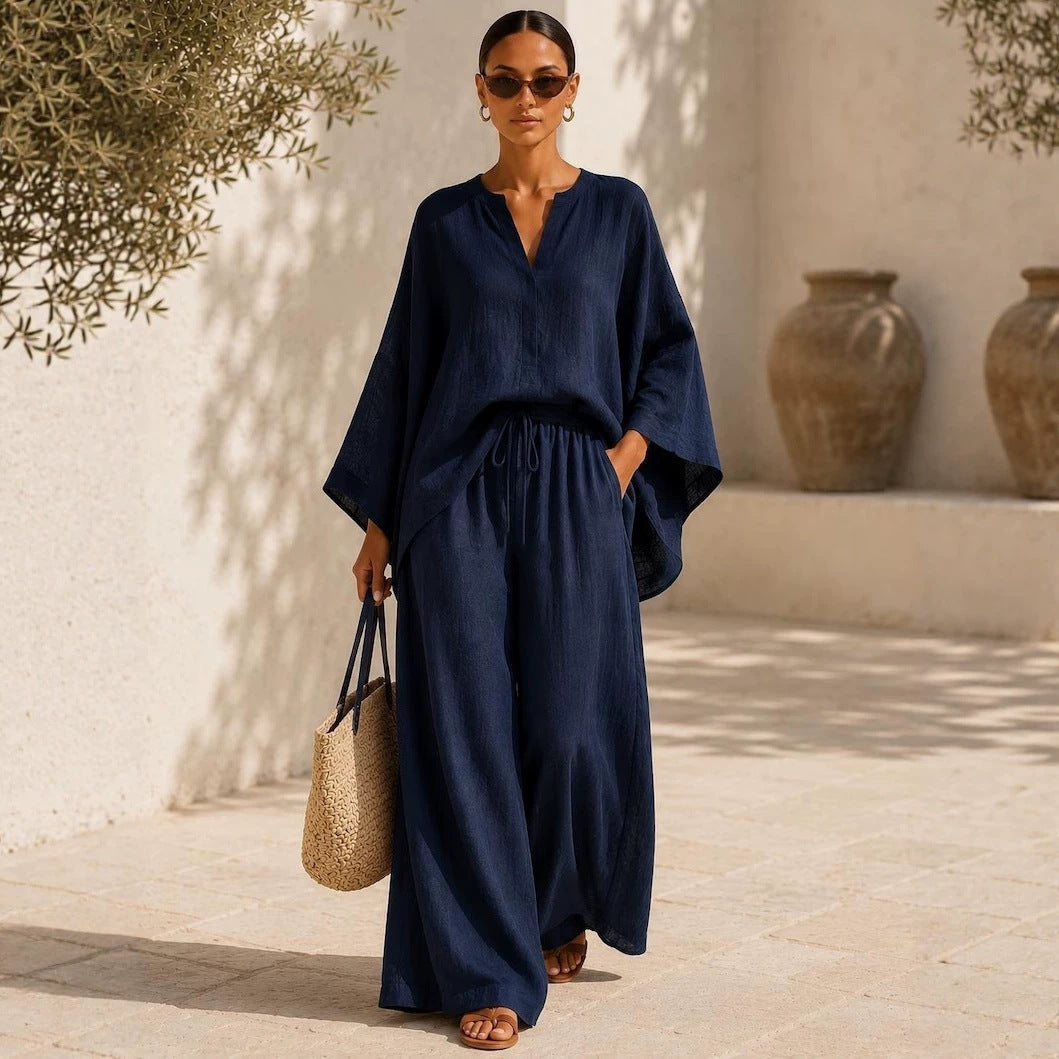 Damen Leichte Leinenmischung Übergroße Kaftan-Oberteil und Kordelzug Weitbein-Hosen Set Drune