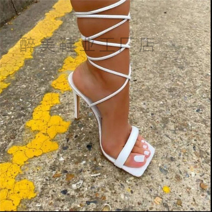 Damen elegante Riemchen Sandalen mit hohen Absatz und modischem Schnürdesign Drune
