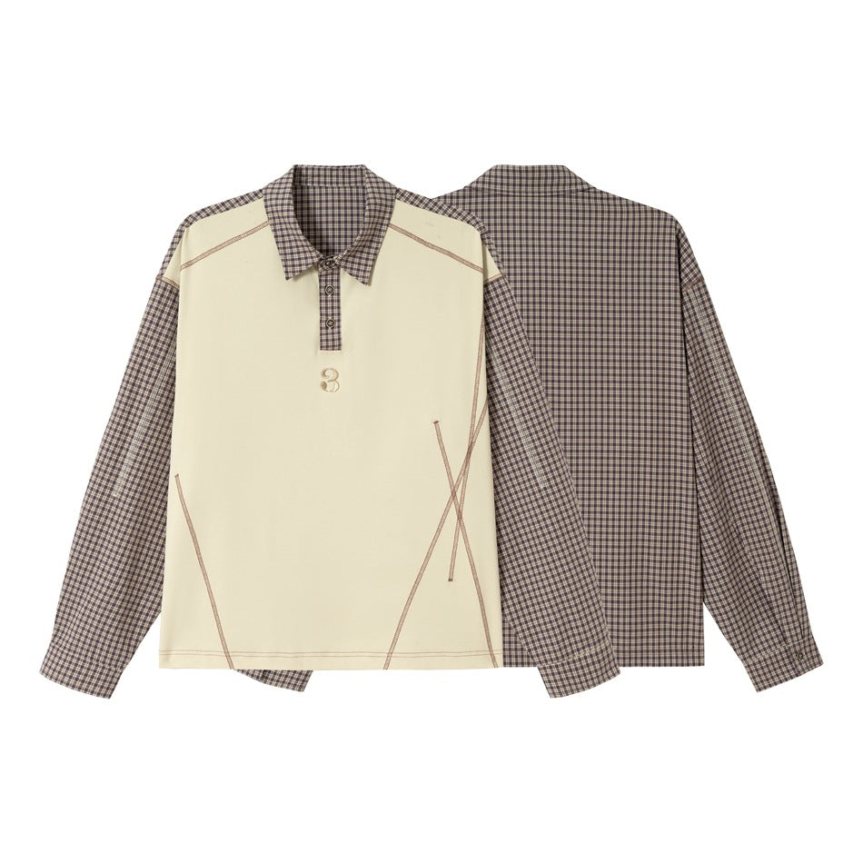 Unisex Oversize Langarm-Poloshirt mit karierten Ärmeln, Hemdkragen und dekorativen Steppnähten Drune