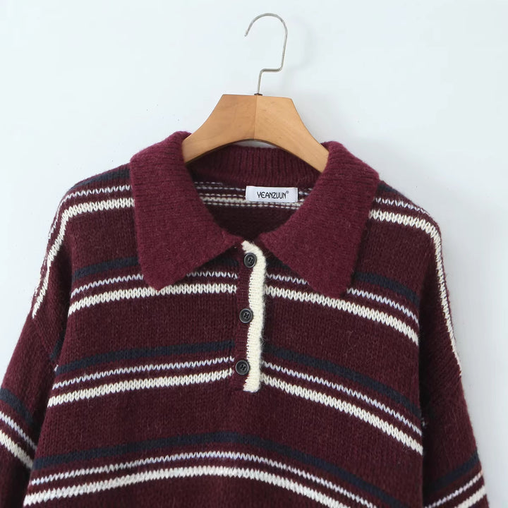 Damen Gestreifter Strickpullover mit Polokragen und oversize Ärmeln Drune