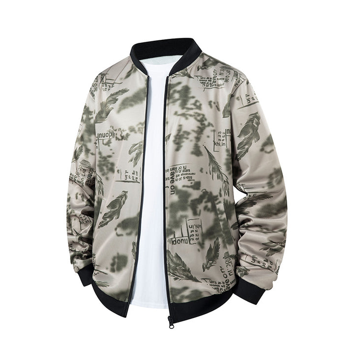 Herren Bomberjacke mit Allover‑Federprint, Satinoptik und geripptem Kragen Drune