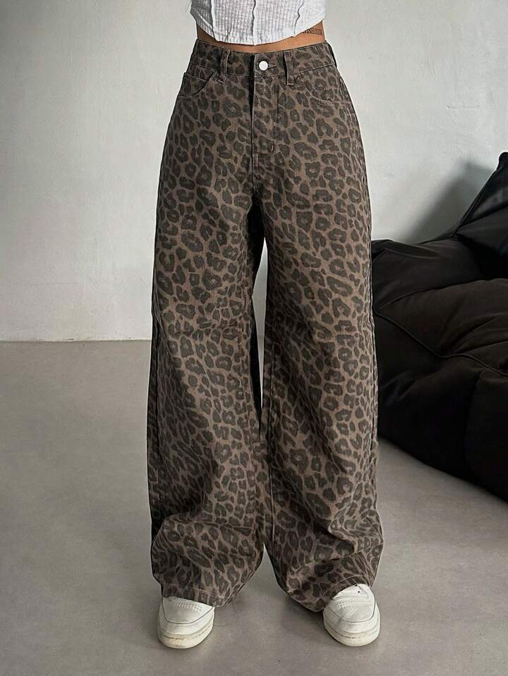 Damen Weit geschnittene Leoparden-Jeans im lässigen Stil Drune
