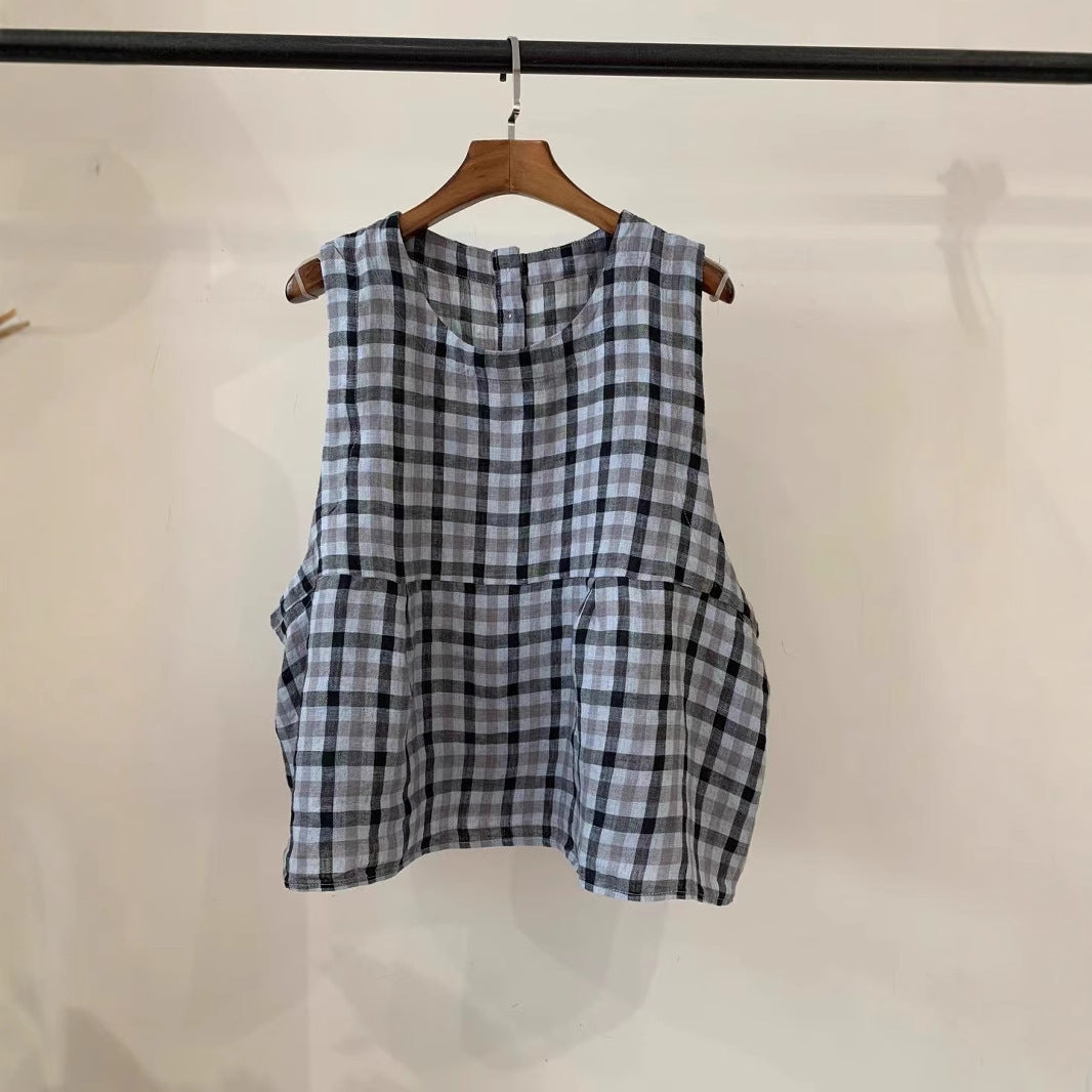 Damen Relaxed Fit Ärmelloses Leinenoberteil mit Seitentaschen Drune