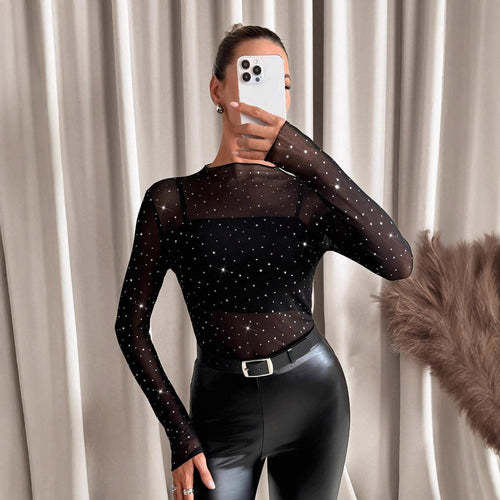 Damen nan transparentes Langarm-Netzshirt mit Strassapplikationen und integriertem Untertop Drune