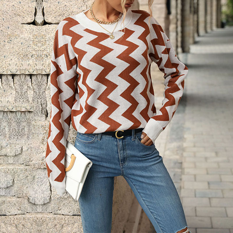 Damen figurfreundlicher Feinstrickpullover mit Zickzack‑Jacquard und Rundhalsausschnitt Drune