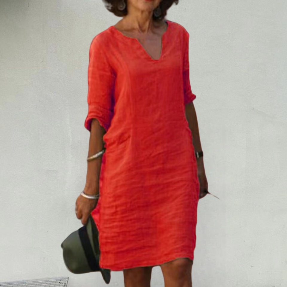 Damen Leichtes Sommerkleid mit eleganter V-Ausschnitt-Front und praktischen Seitentaschen Drune
