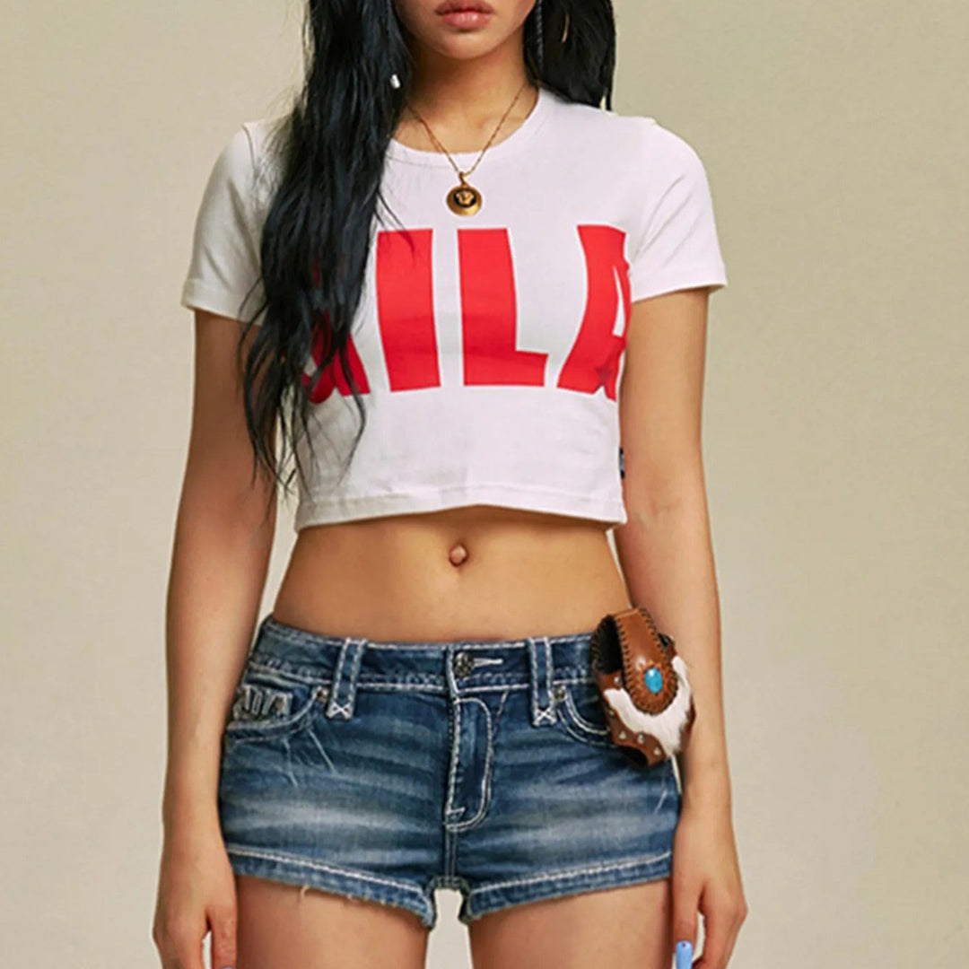Damen Cropped T-Shirt mit auffälligem Grafikdruck Drune