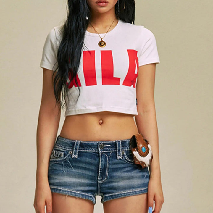 Damen Cropped T-Shirt mit auffälligem Grafikdruck Drune