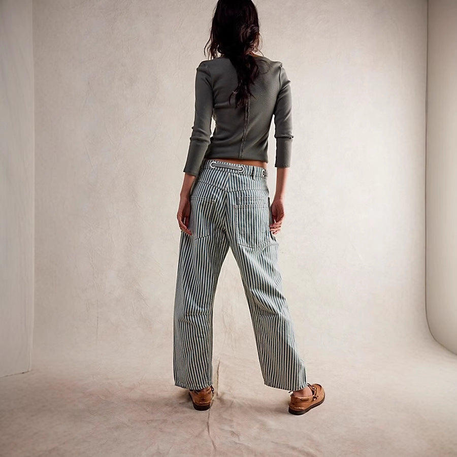 Damen nan lässige gestreifte Leinenhose mit Kordelzug und aufgesetzten Taschen Drune