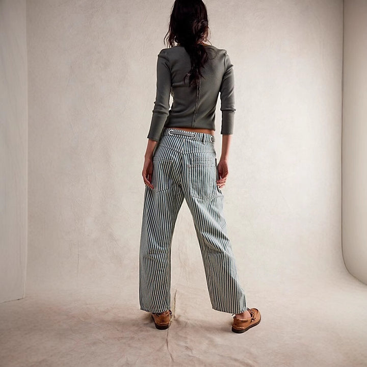 Damen nan lässige gestreifte Leinenhose mit Kordelzug und aufgesetzten Taschen Drune