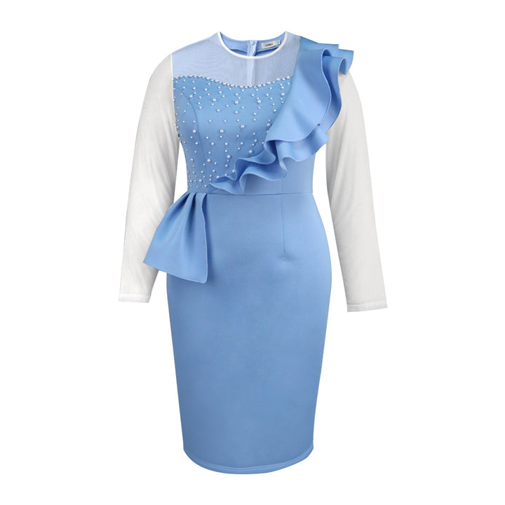 Damen figurbetontes Kleid mit Rüschendetails und Perlenakzenten Drune