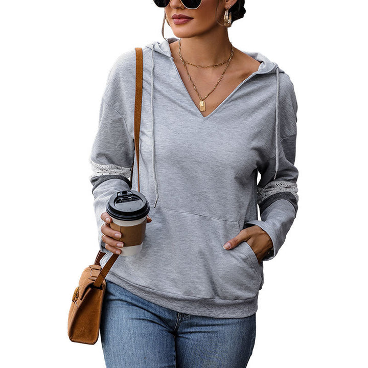 Damen Kapuzenpullover mit V‑Ausschnitt, Kängurutasche und kontrastierenden Ärmeln Drune