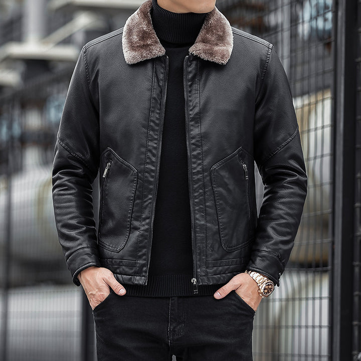 Herren Moderner Kunstlederblouson mit Teddykragen Drune