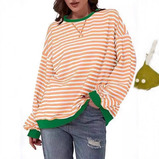 Damen Lässiges Oversize-Streifen-Sweatshirt mit Raglanärmeln und Kontrastbündchen Drune
