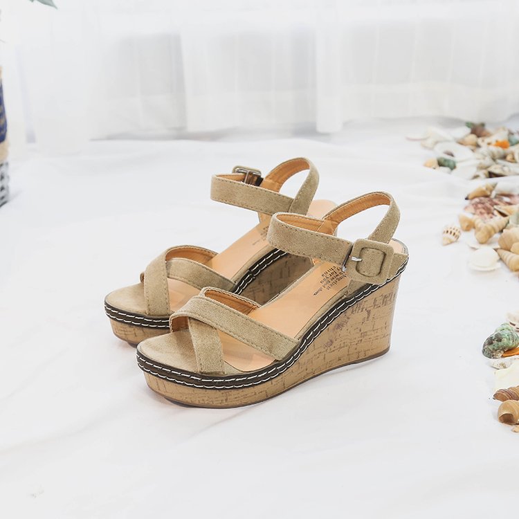Damen nan Keilabsatz Sandalen mit Korkplateau verstellbarem Knöchelriemen aus Veloursleder Drune