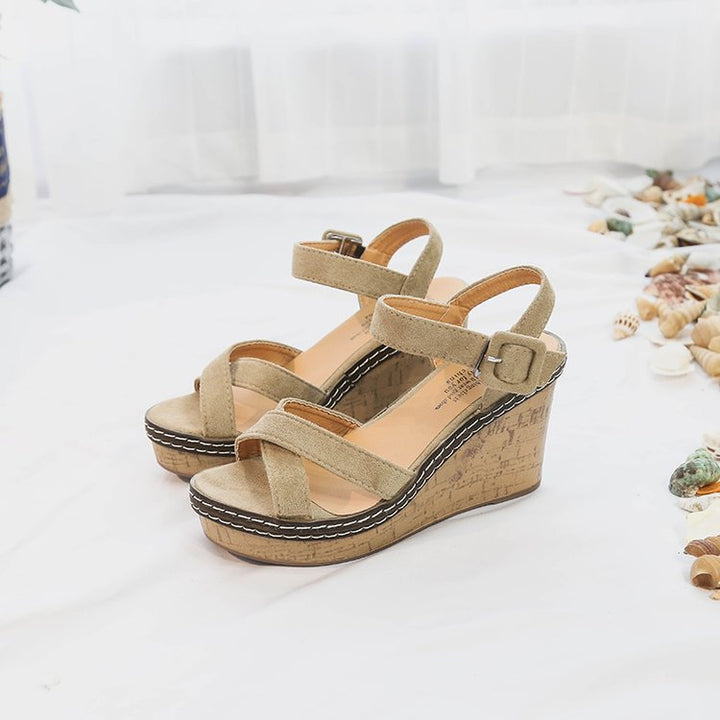 Damen nan Keilabsatz Sandalen mit Korkplateau verstellbarem Knöchelriemen aus Veloursleder Drune