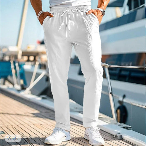 Herren lässige Leinenmisch-Joggerhose mit Kordelzug, angeschrägten Eingrifftaschen und schmalem Knöchelabschluss Drune