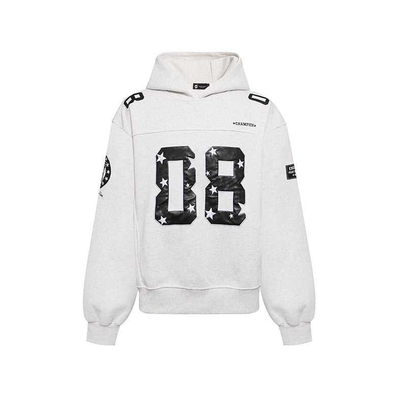 Damen Oversize Kapuzen-Sweatshirt mit großflächigem Zahlendruck und Sternapplikationen Drune