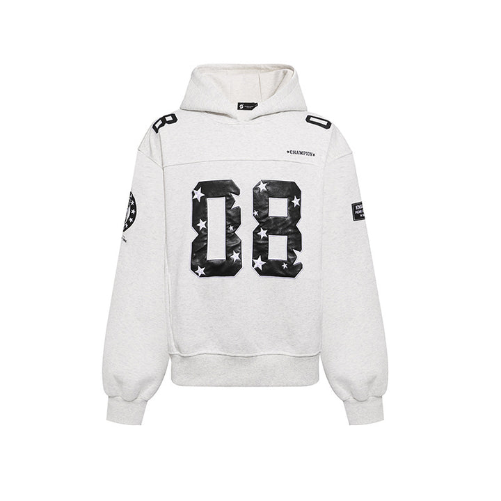 Damen Oversize Kapuzen-Sweatshirt mit großflächigem Zahlendruck und Sternapplikationen Drune