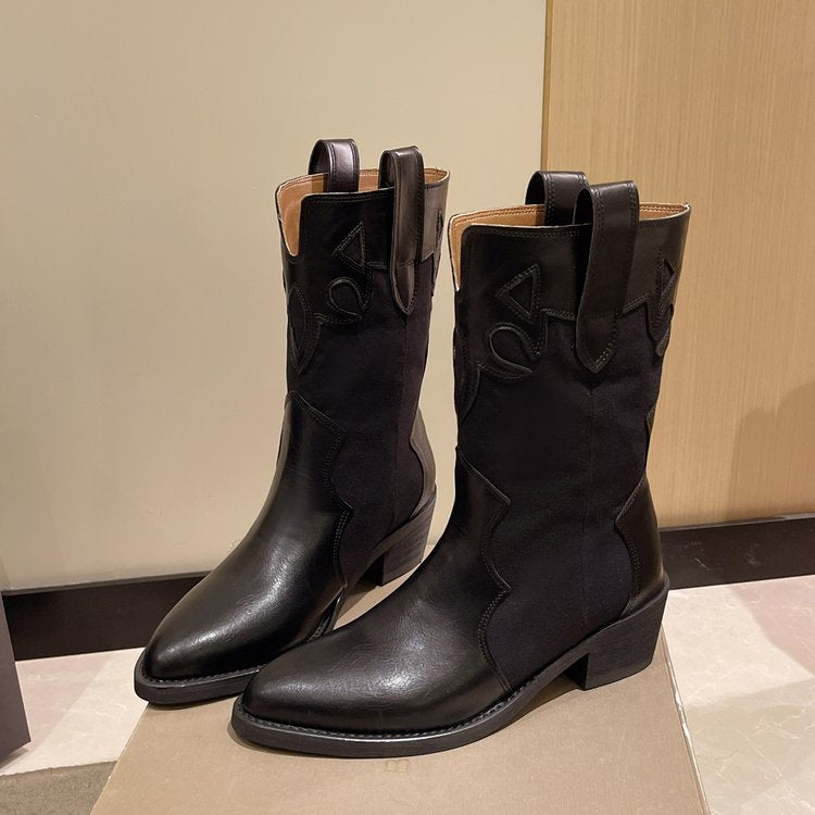 Damen Stiefeletten im Cowboy-Stil mit einzigartigem Design und kompaktem Absatz Drune