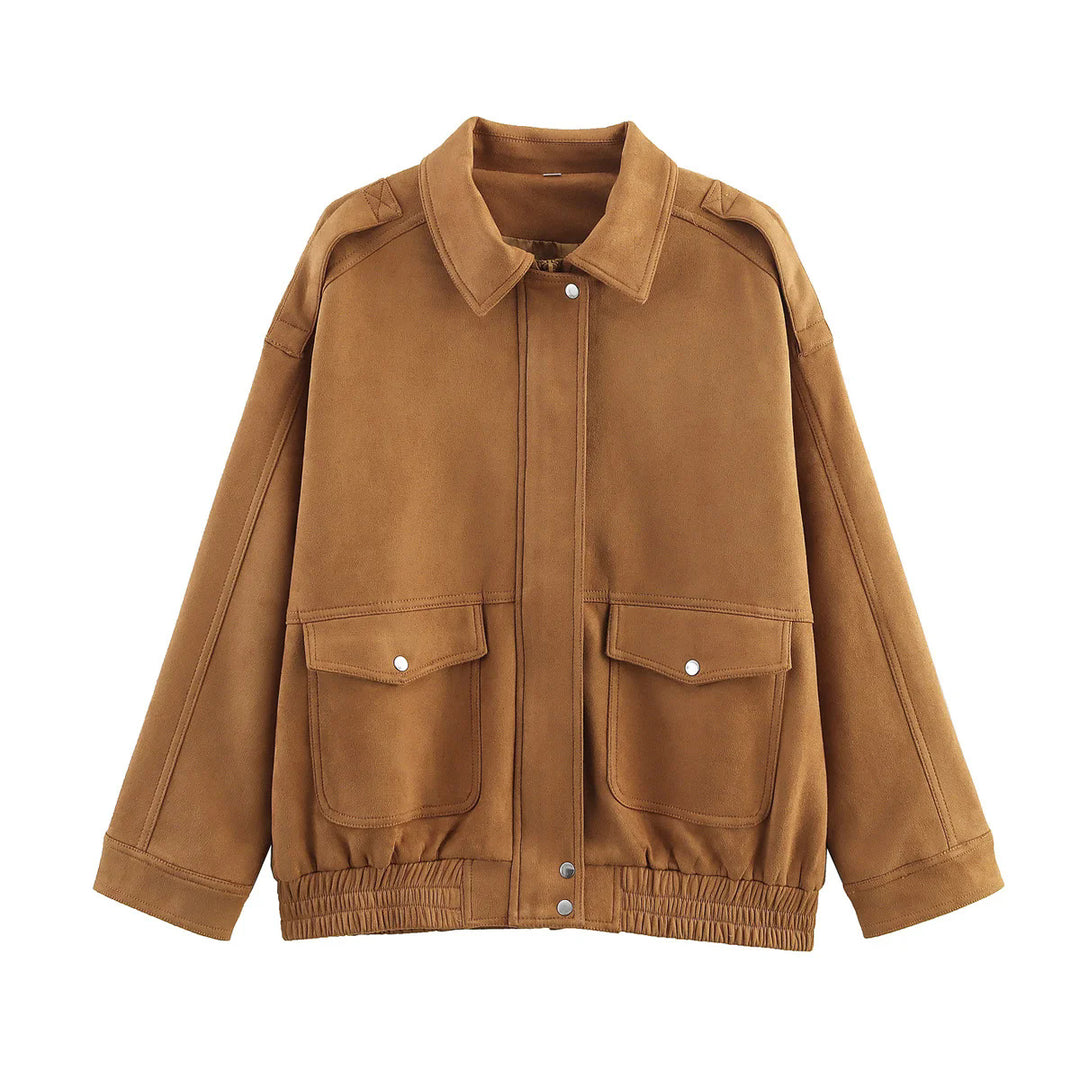 Damen nan kastige Veloursjacke mit Druckknopfleiste, aufgesetzten Klappentaschen und elastischem Saum Drune