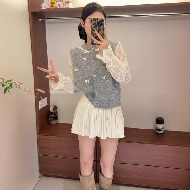 Damen Strickjacke mit eleganten Spitzen- und Schleifendetails Drune