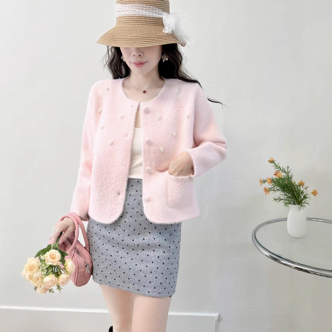 Damen Kuschelige Strickjacke mit Perlenverzierung und klassischen Rundhalsausschnitt Drune