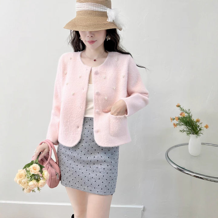 Damen Kuschelige Strickjacke mit Perlenverzierung und klassischen Rundhalsausschnitt Drune