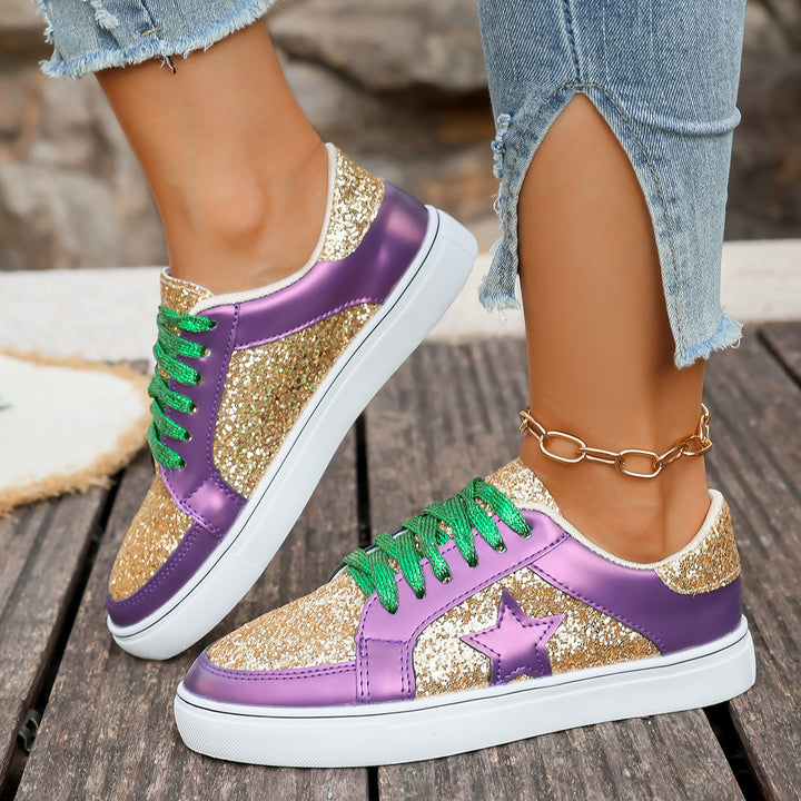 Damen modische Plateausneaker mit Glitzerpanelen, Sternapplikation und gepolsterter Komfortsohle Drune