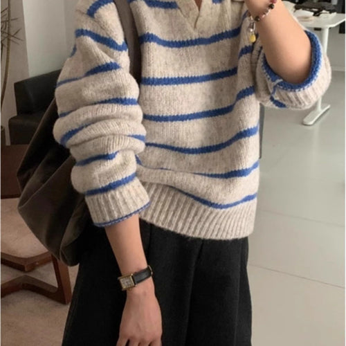 Damen Strickpullover mit V-Ausschnitt und Streifen Drune