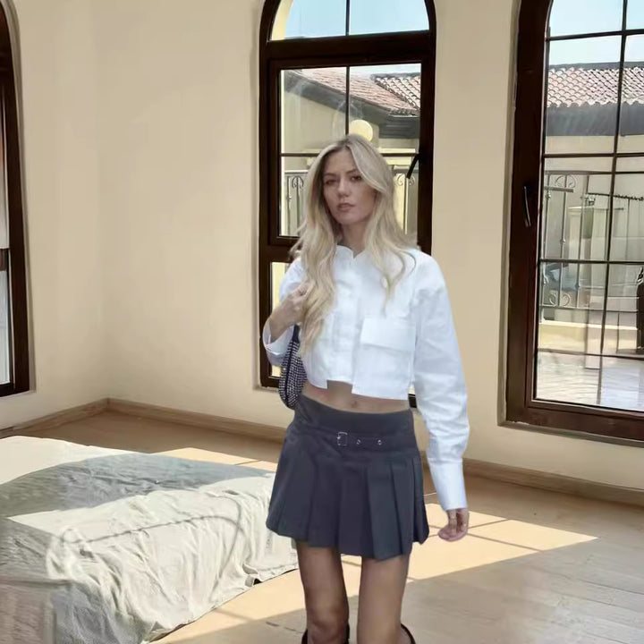 Damen modisches cropped Hemd mit Volantärmeln Drune