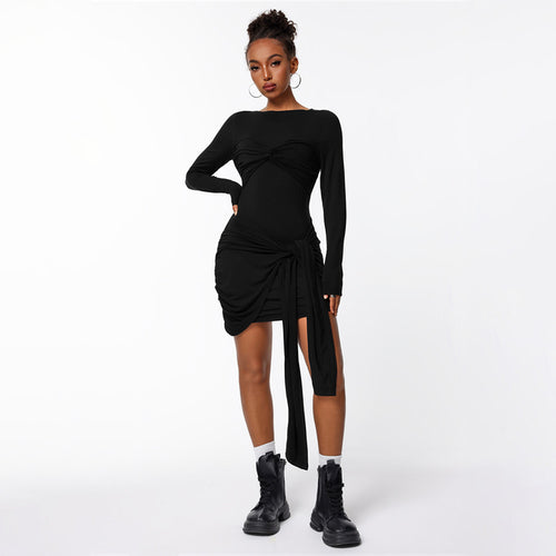 Damen figurbetontes Minikleid mit asymmetrischer Knotendrapierung, taillierter Raffung und langem Ärmelschal Drune