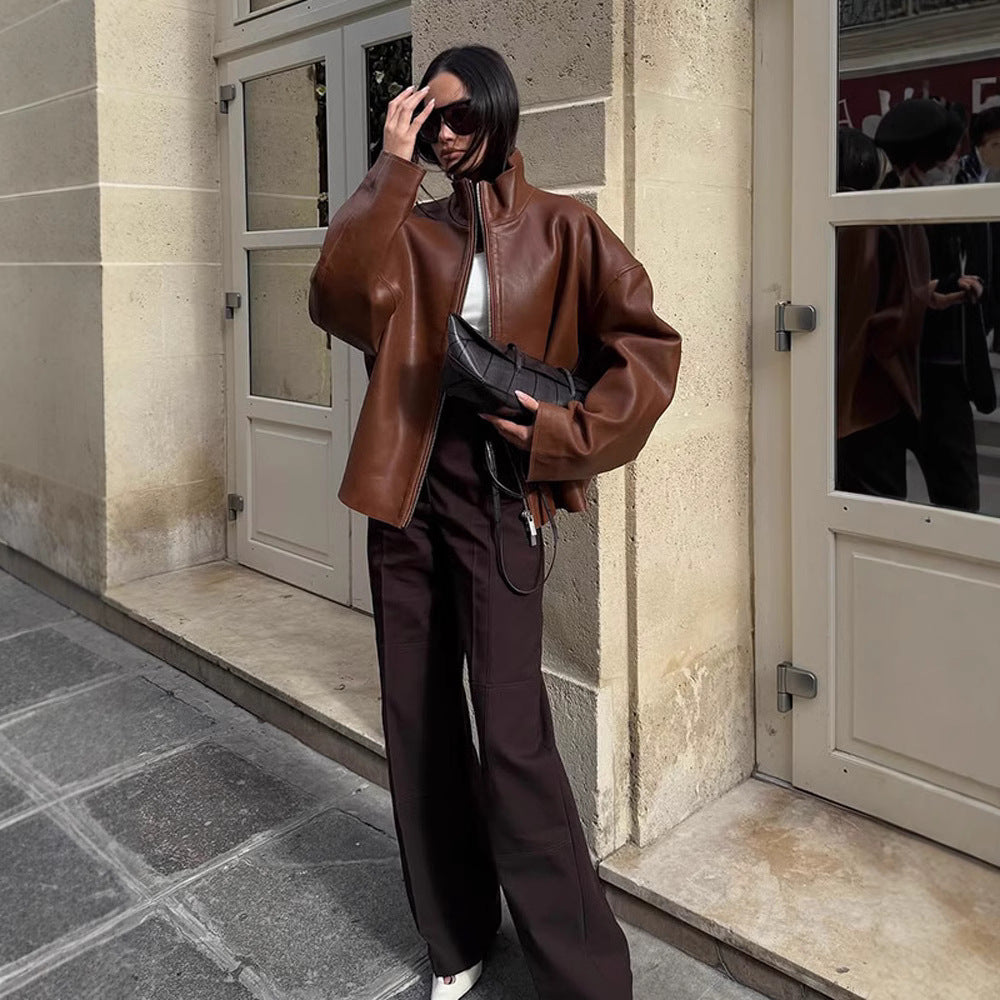 Damen Oversized Lederblouson mit soften Teddy-Innenfutter und Verdeckt-Reißverschluss Drune