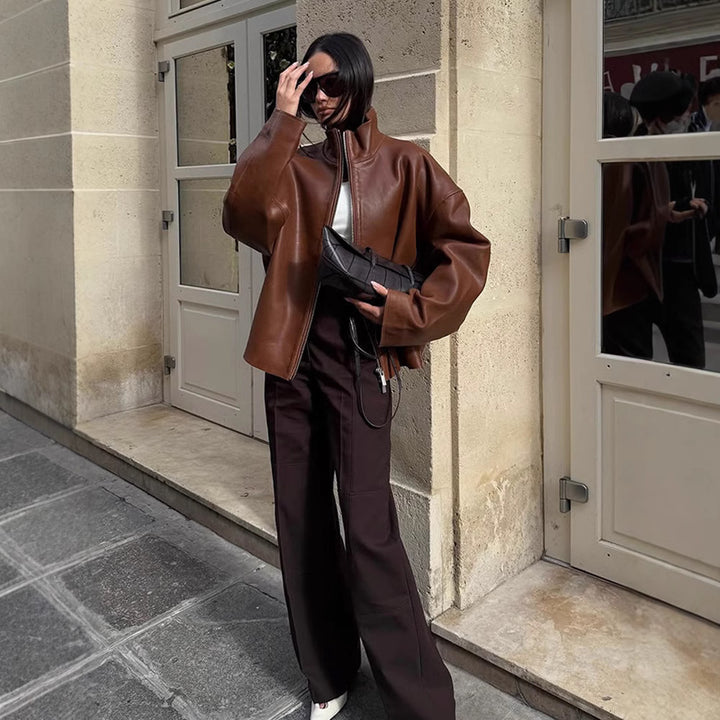 Damen Oversized Lederblouson mit soften Teddy-Innenfutter und Verdeckt-Reißverschluss Drune