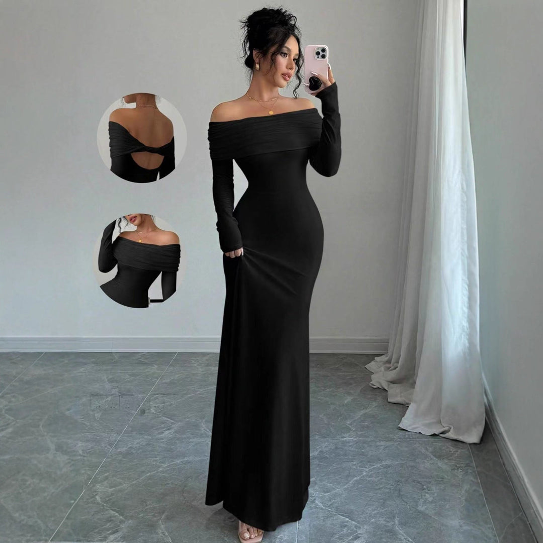 Damen Elegantes Off-Shoulder-Maxikleid mit figurbetontem Schnitt und langen Ärmeln Drune