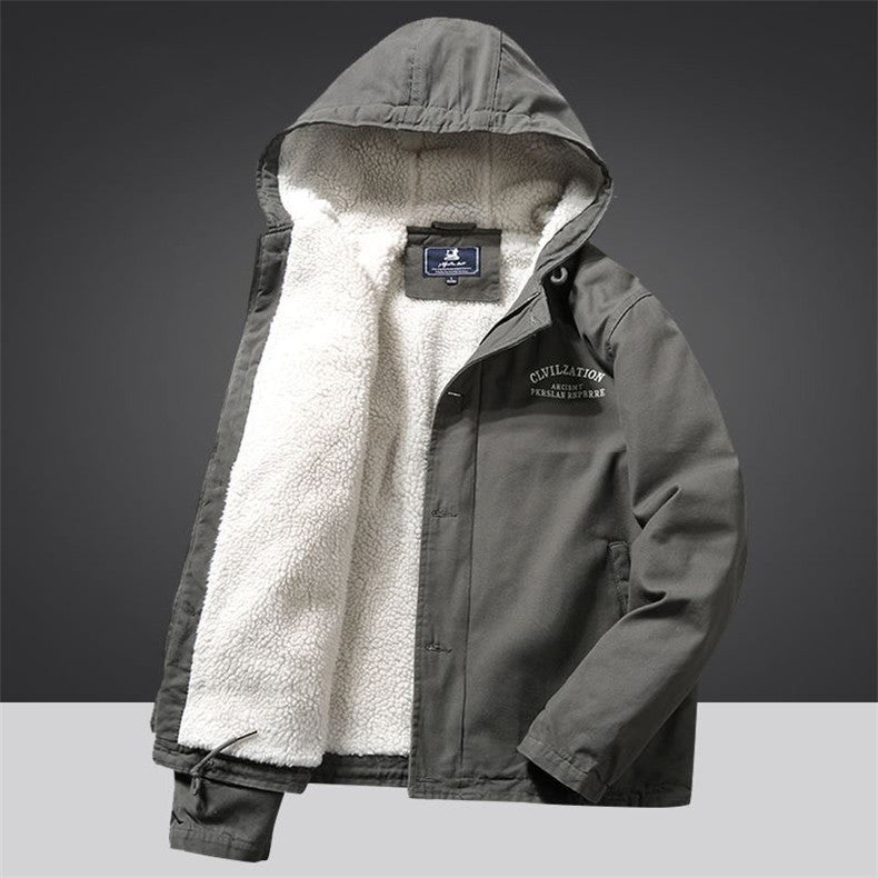 Herren Kapuzenjacke im Vintage-Worker-Stil mit Sherpa‑Futter Drune